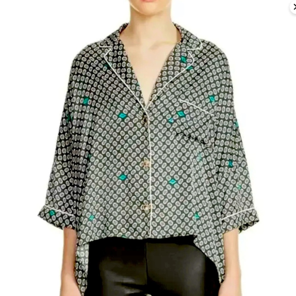 Maje Green Geometric Button down Women’s Silky Blouse Sz Small